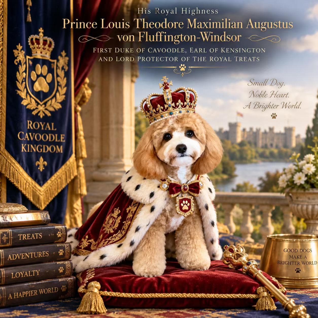 Louie dressed as a tiny royal dog