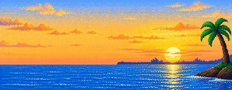 Pixel-art ocean sunset with a palm tree